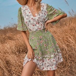 NWOT boho v neck floral print ruffle green dress